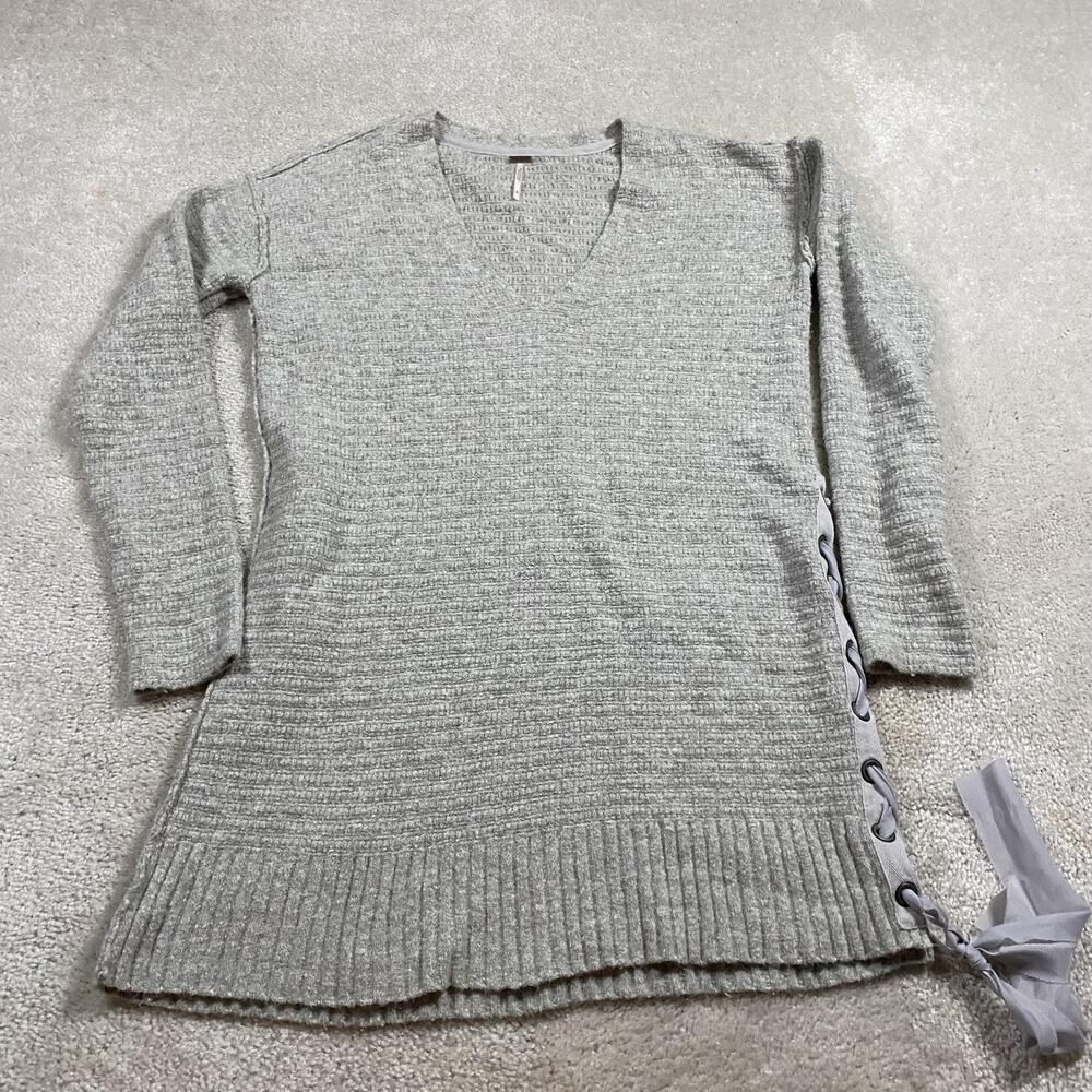 Free People Sweater Tunic Womens L Gray V Neck Waffle Knit Side Lace Up Hem